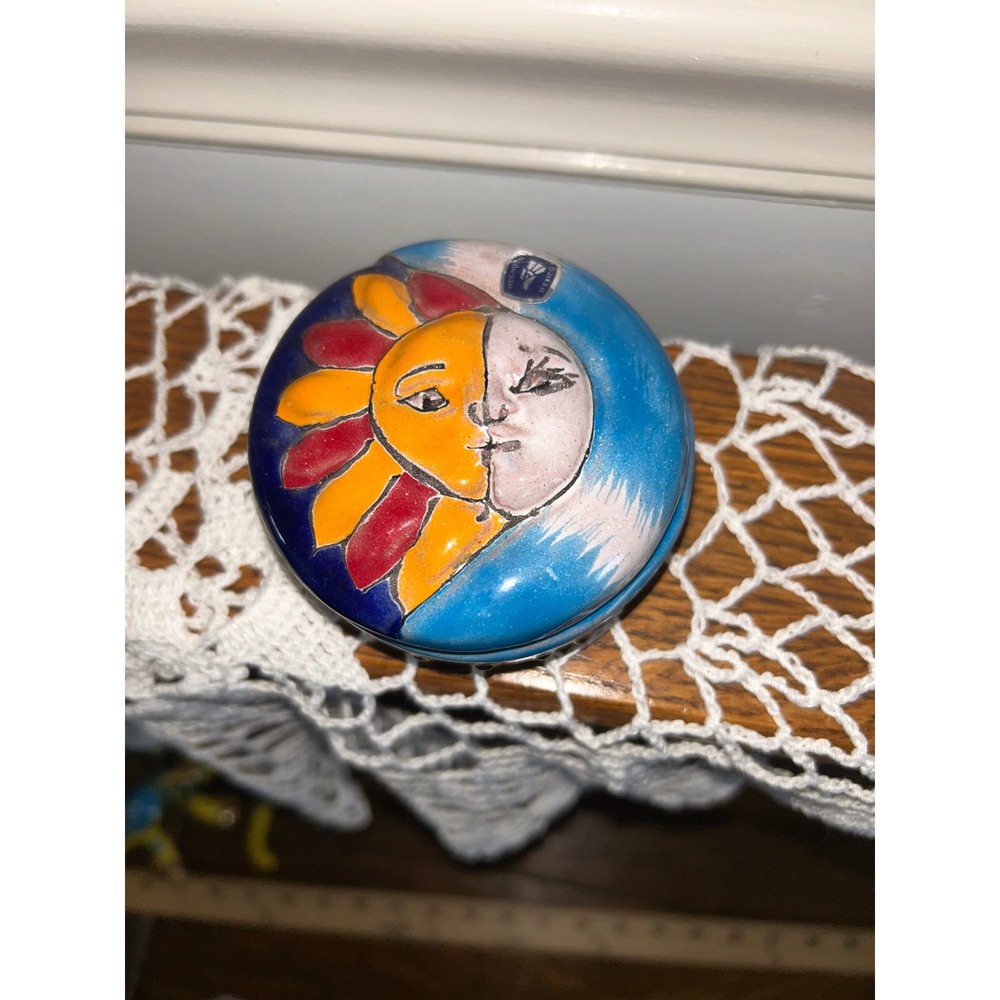 Mexican Pottery Sun Moon Trinket Box Hand Painted Ceramic Folk Art Mexico